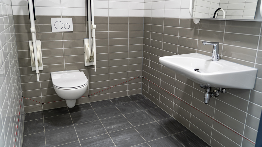 Betegelde toiletruimte met toilet en wastafel